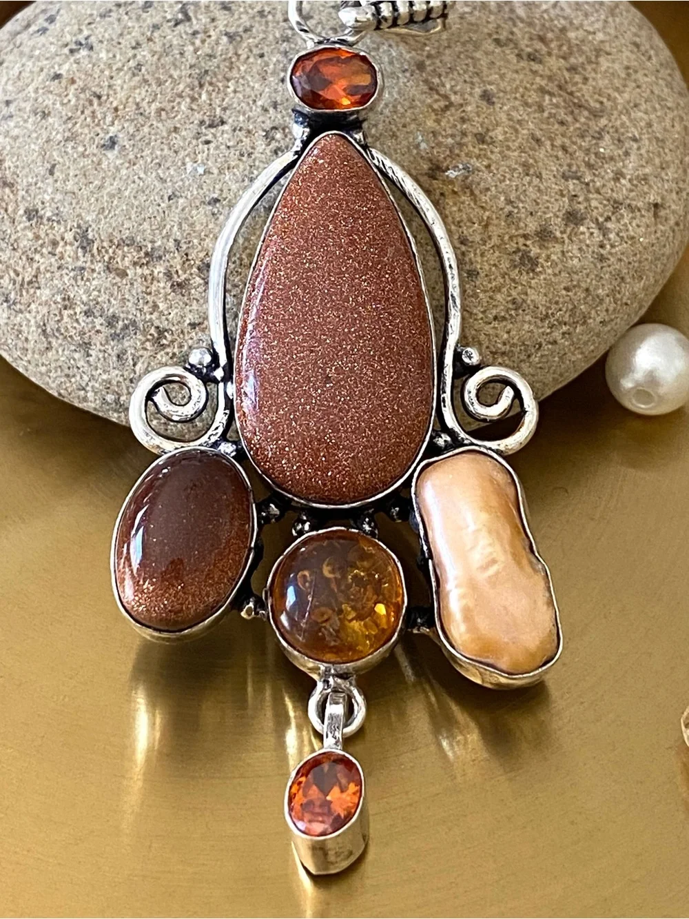 Gold Sunstone, Amber, Madera Citrine And Pearl  Pendant